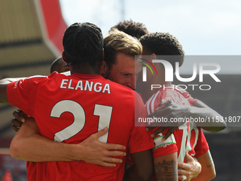 Forest players celebrate after Chris Wood of Nottingham Forest scores a goal to make it 1-0 during the Premier League match between Nottingh...