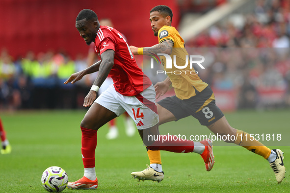 Callum Hudson-Odoi of Nottingham Forest is under pressure from Joao Gomes of Wolverhampton Wanderers during the Premier League match between...