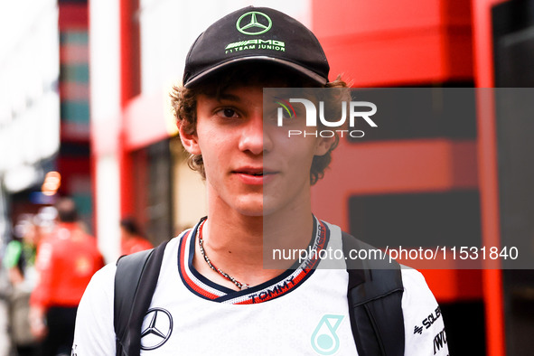 Andrea Kimi Antonelli of Mercedes is seen in the paddock on qualifying day ahead of the Italian Formula One Grand Prix at Autodromo Nazional...