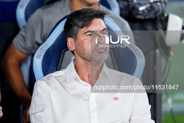 Paulo Fonseca head coach of AC Milan looks on during the Serie A Enilive match between SS Lazio and AC Milan at Stadio Olimpico on Aug 31, 2...