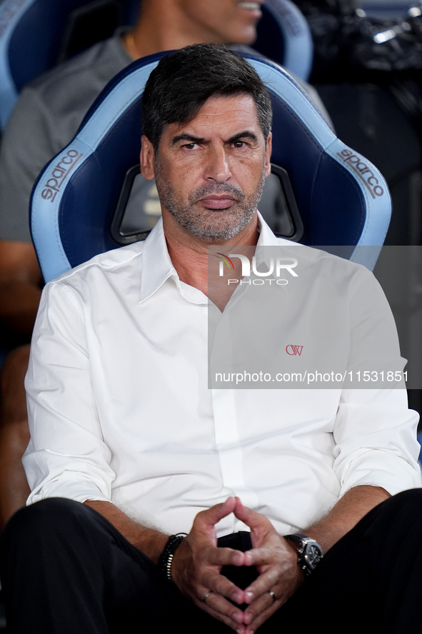 Paulo Fonseca head coach of AC Milan looks on during the Serie A Enilive match between SS Lazio and AC Milan at Stadio Olimpico on Aug 31, 2...