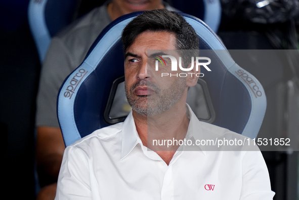 Paulo Fonseca head coach of AC Milan looks on during the Serie A Enilive match between SS Lazio and AC Milan at Stadio Olimpico on Aug 31, 2...