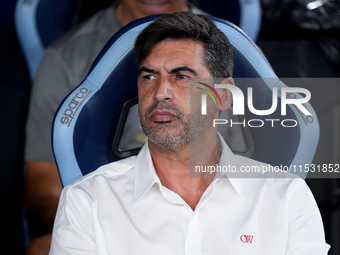 Paulo Fonseca head coach of AC Milan looks on during the Serie A Enilive match between SS Lazio and AC Milan at Stadio Olimpico on Aug 31, 2...