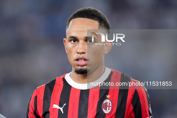 Noah Okafor of AC Milan looks on during the Serie A Enilive match between SS Lazio and AC Milan at Stadio Olimpico on Aug 31, 2024 in Rome,...