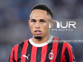 Noah Okafor of AC Milan looks on during the Serie A Enilive match between SS Lazio and AC Milan at Stadio Olimpico on Aug 31, 2024 in Rome,...