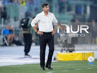 Paulo Fonseca head coach of AC Milan looks on during the Serie A Enilive match between SS Lazio and AC Milan at Stadio Olimpico on Aug 31, 2...