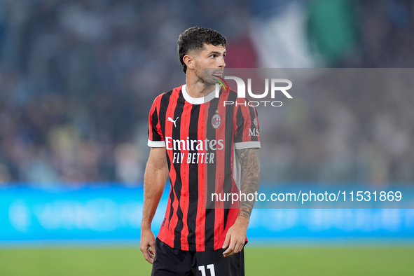 Christian Pulisic of AC Milan looks on during the Serie A Enilive match between SS Lazio and AC Milan at Stadio Olimpico on Aug 31, 2024 in...