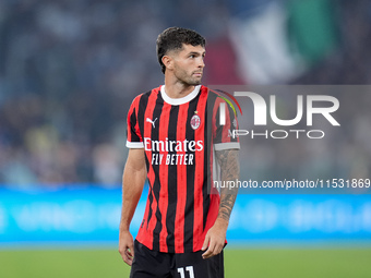 Christian Pulisic of AC Milan looks on during the Serie A Enilive match between SS Lazio and AC Milan at Stadio Olimpico on Aug 31, 2024 in...