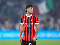 Christian Pulisic of AC Milan looks on during the Serie A Enilive match between SS Lazio and AC Milan at Stadio Olimpico on Aug 31, 2024 in...