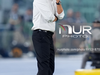 Paulo Fonseca head coach of AC Milan looks on during the Serie A Enilive match between SS Lazio and AC Milan at Stadio Olimpico on Aug 31, 2...