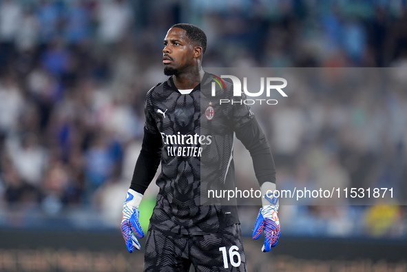 Mike Maignan of AC Milan looks on during the Serie A Enilive match between SS Lazio and AC Milan at Stadio Olimpico on Aug 31, 2024 in Rome,...