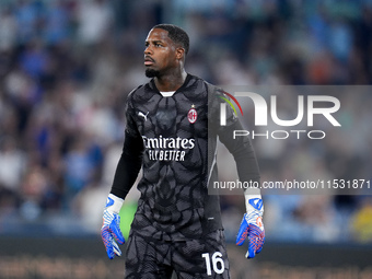 Mike Maignan of AC Milan looks on during the Serie A Enilive match between SS Lazio and AC Milan at Stadio Olimpico on Aug 31, 2024 in Rome,...