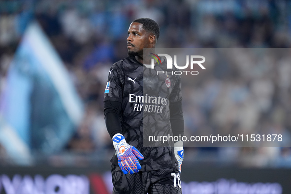 Mike Maignan of AC Milan looks on during the Serie A Enilive match between SS Lazio and AC Milan at Stadio Olimpico on Aug 31, 2024 in Rome,...