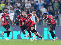 Strahinja Pavlovic of AC Milan celebrates after scoring first goal during the Serie A Enilive match between SS Lazio and AC Milan at Stadio...