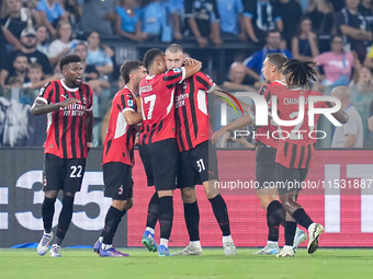 Strahinja Pavlovic of AC Milan celebrates after scoring first goal during the Serie A Enilive match between SS Lazio and AC Milan at Stadio...