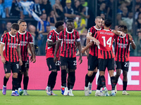 Strahinja Pavlovic of AC Milan celebrates after scoring first goal during the Serie A Enilive match between SS Lazio and AC Milan at Stadio...