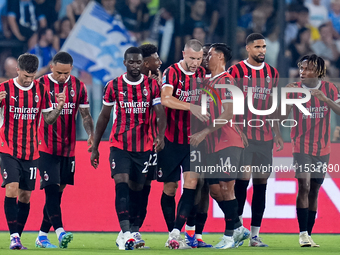 Strahinja Pavlovic of AC Milan celebrates after scoring first goal during the Serie A Enilive match between SS Lazio and AC Milan at Stadio...