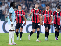 Strahinja Pavlovic of AC Milan celebrates after scoring first goal during the Serie A Enilive match between SS Lazio and AC Milan at Stadio...