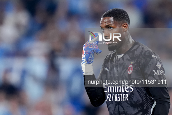 Mike Maignan of AC Milan gestures during the Serie A Enilive match between SS Lazio and AC Milan at Stadio Olimpico on Aug 31, 2024 in Rome,...