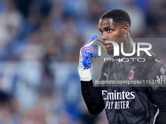 Mike Maignan of AC Milan gestures during the Serie A Enilive match between SS Lazio and AC Milan at Stadio Olimpico on Aug 31, 2024 in Rome,...