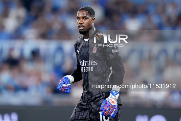 Mike Maignan of AC Milan looks on during the Serie A Enilive match between SS Lazio and AC Milan at Stadio Olimpico on Aug 31, 2024 in Rome,...