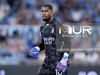 Mike Maignan of AC Milan looks on during the Serie A Enilive match between SS Lazio and AC Milan at Stadio Olimpico on Aug 31, 2024 in Rome,...