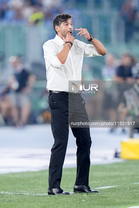 Paulo Fonseca head coach of AC Milan gestures during the Serie A Enilive match between SS Lazio and AC Milan at Stadio Olimpico on Aug 31, 2...