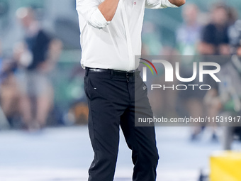 Paulo Fonseca head coach of AC Milan gestures during the Serie A Enilive match between SS Lazio and AC Milan at Stadio Olimpico on Aug 31, 2...