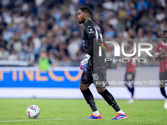 Mike Maignan of AC Milan during the Serie A Enilive match between SS Lazio and AC Milan at Stadio Olimpico on Aug 31, 2024 in Rome, Italy. (