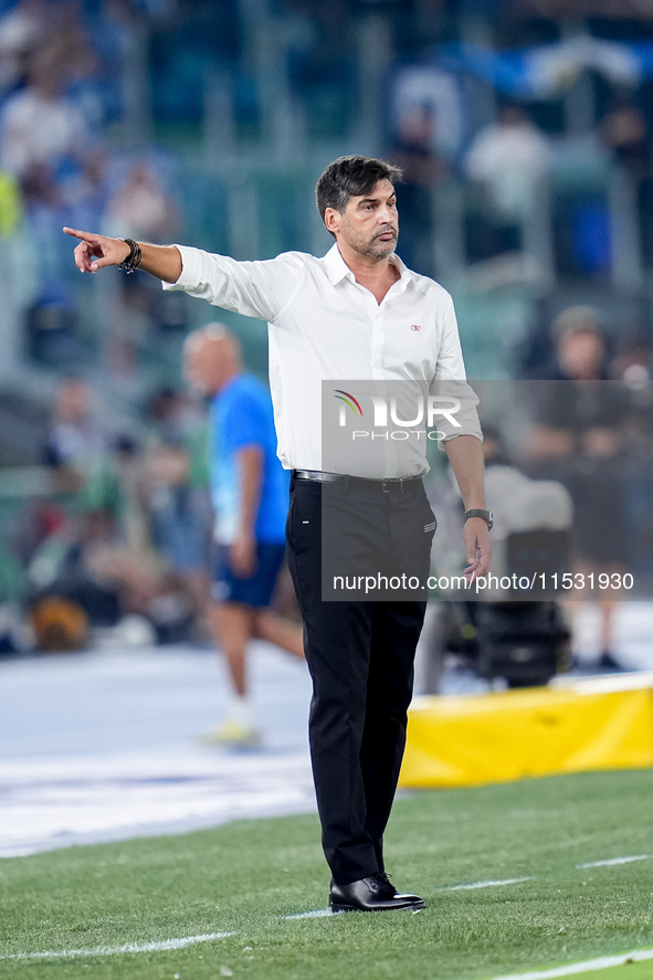 Paulo Fonseca head coach of AC Milan gestures during the Serie A Enilive match between SS Lazio and AC Milan at Stadio Olimpico on Aug 31, 2...