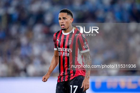 Noah Okafor of AC Milan looks on during the Serie A Enilive match between SS Lazio and AC Milan at Stadio Olimpico on Aug 31, 2024 in Rome,...