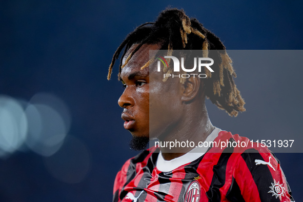 Samuel Chukwueze of AC Milan looks on during the Serie A Enilive match between SS Lazio and AC Milan at Stadio Olimpico on Aug 31, 2024 in R...