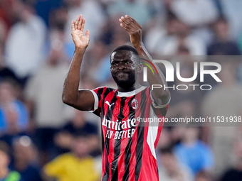 Fikayo Tomori of AC Milan gestures during the Serie A Enilive match between SS Lazio and AC Milan at Stadio Olimpico on Aug 31, 2024 in Rome...