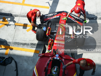 Charles Leclerc of Ferrari is seen in a car after third practice session ahead of the Italian Formula One Grand Prix at Autodromo Nazionale...