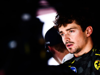 Charles Leclerc of Ferrari talks to media after the qualifying session ahead of the Italian Formula One Grand Prix at Autodromo Nazionale Mo...