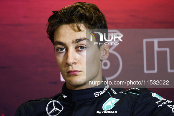 George Russell of Mercedes attends the press conference after the qualifying session ahead of the Italian Formula One Grand Prix at Autodrom...