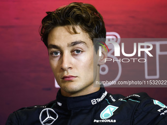 George Russell of Mercedes attends the press conference after the qualifying session ahead of the Italian Formula One Grand Prix at Autodrom...