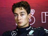 George Russell of Mercedes attends the press conference after the qualifying session ahead of the Italian Formula One Grand Prix at Autodrom...