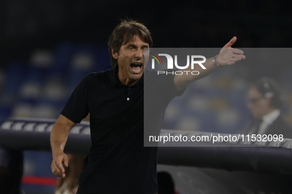 Antonio Conte coaches Napoli during the Serie A soccer match between SSC Napoli and Parma Calcio at Stadio Maradona in Naples, Italy, on Aug...