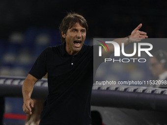 Antonio Conte coaches Napoli during the Serie A soccer match between SSC Napoli and Parma Calcio at Stadio Maradona in Naples, Italy, on Aug...