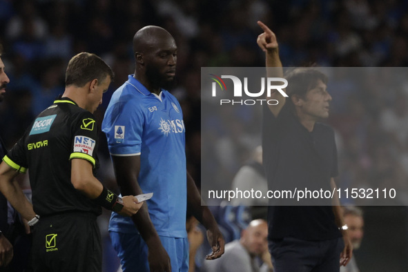 Romelu Lukaku of Napoli and Antonio Conte, coach of Napoli, during the Serie A soccer match between SSC Napoli and Parma Calcio at Stadio Ma...