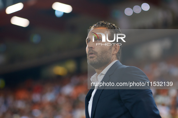 Ruben Baraja, head coach of Valencia CF, looks on prior to the LaLiga EA Sports match between Valencia CF and Villarreal CF at Mestalla stad...