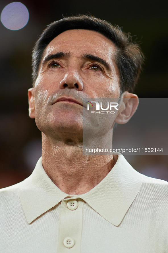 Marcelino Garcia Toral, head coach of Villarreal CF, looks on prior to the LaLiga EA Sports match between Valencia CF and Villarreal CF at M...