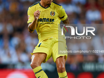 Yeremy Pino of Villarreal CF is in action during the LaLiga EA Sports match between Valencia CF and Villarreal CF at Mestalla stadium in Val...