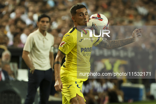 Villarreal's Yeremy Pino during the La Liga match between Valencia CF and Villarreal CF at Mestalla Stadium in Valencia, Spain, on August 31...