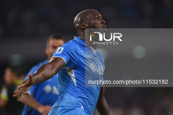 Romelu Lukaku of SSC Napoli  celebrates after scoring during the Serie A match between SSC Napoli and Parma Calcio at Stadio Diego Armando M...