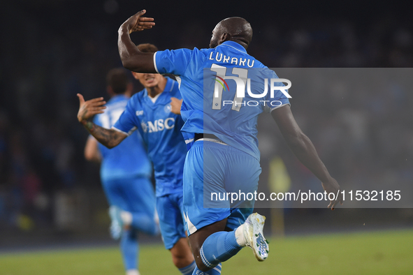 Romelu Lukaku of SSC Napoli  celebrates after scoring during the Serie A match between SSC Napoli and Parma Calcio at Stadio Diego Armando M...