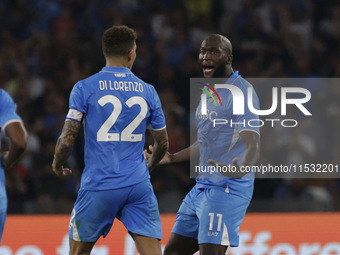 Romelu Lukaku of Napoli celebrates after scoring their first goal during the Serie A soccer match between SSC Napoli and Parma Calcio at Sta...