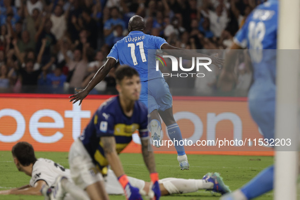 Romelu Lukaku of Napoli scores their first goal during the Serie A soccer match SSC Napoli - Parma Calcio at Stadio Maradona in Naples, Ital...