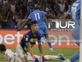 Romelu Lukaku of Napoli scores their first goal during the Serie A soccer match SSC Napoli - Parma Calcio at Stadio Maradona in Naples, Ital...